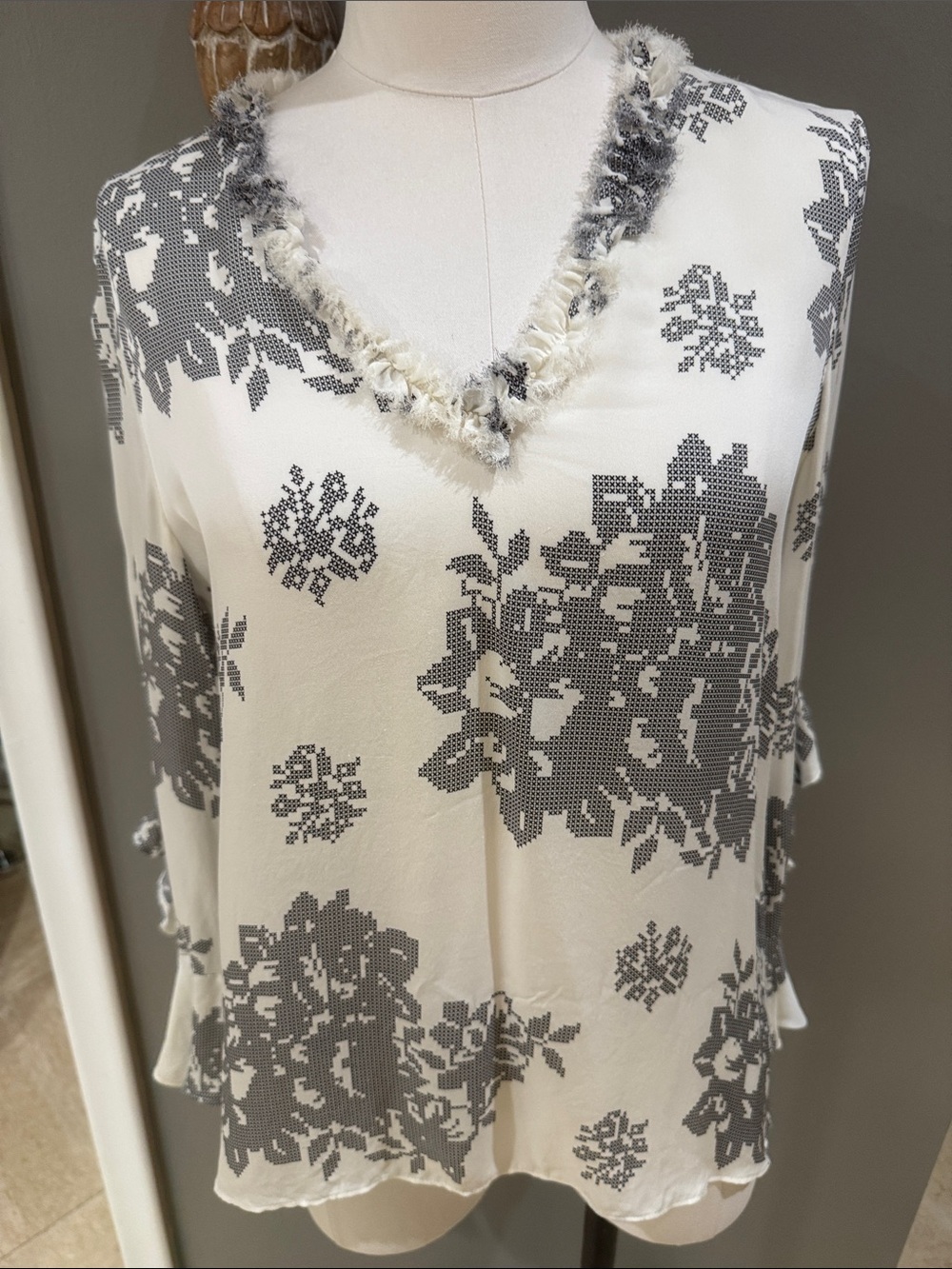 Kobi Halperin Cream and Black Floral V-Neck Blouse